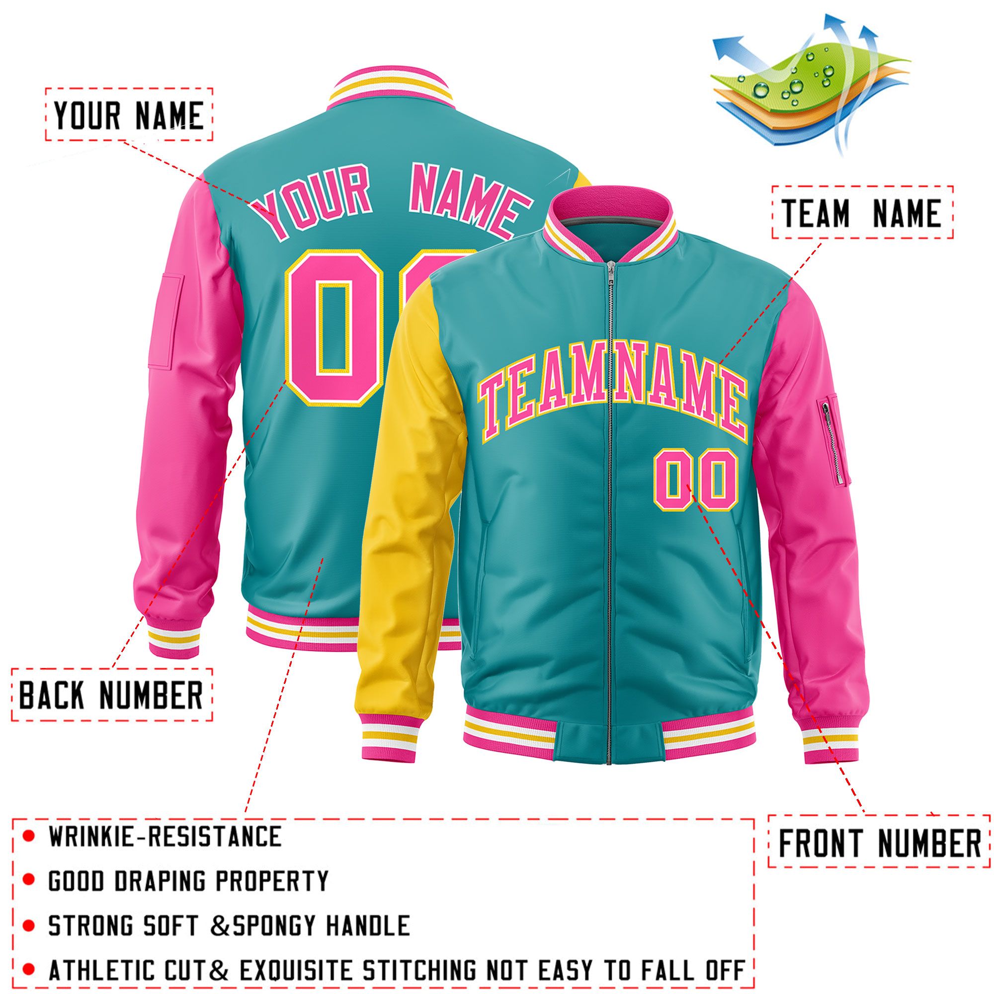 Custom Aqua Gold Pink Varsity Full-Zip Raglan Sleeves Letterman Bomber Jacket