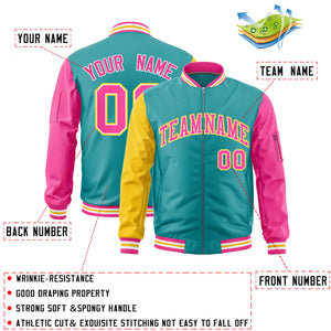 Custom Aqua Gold Pink Varsity Full-Zip Raglan Sleeves Letterman Bomber Jacket