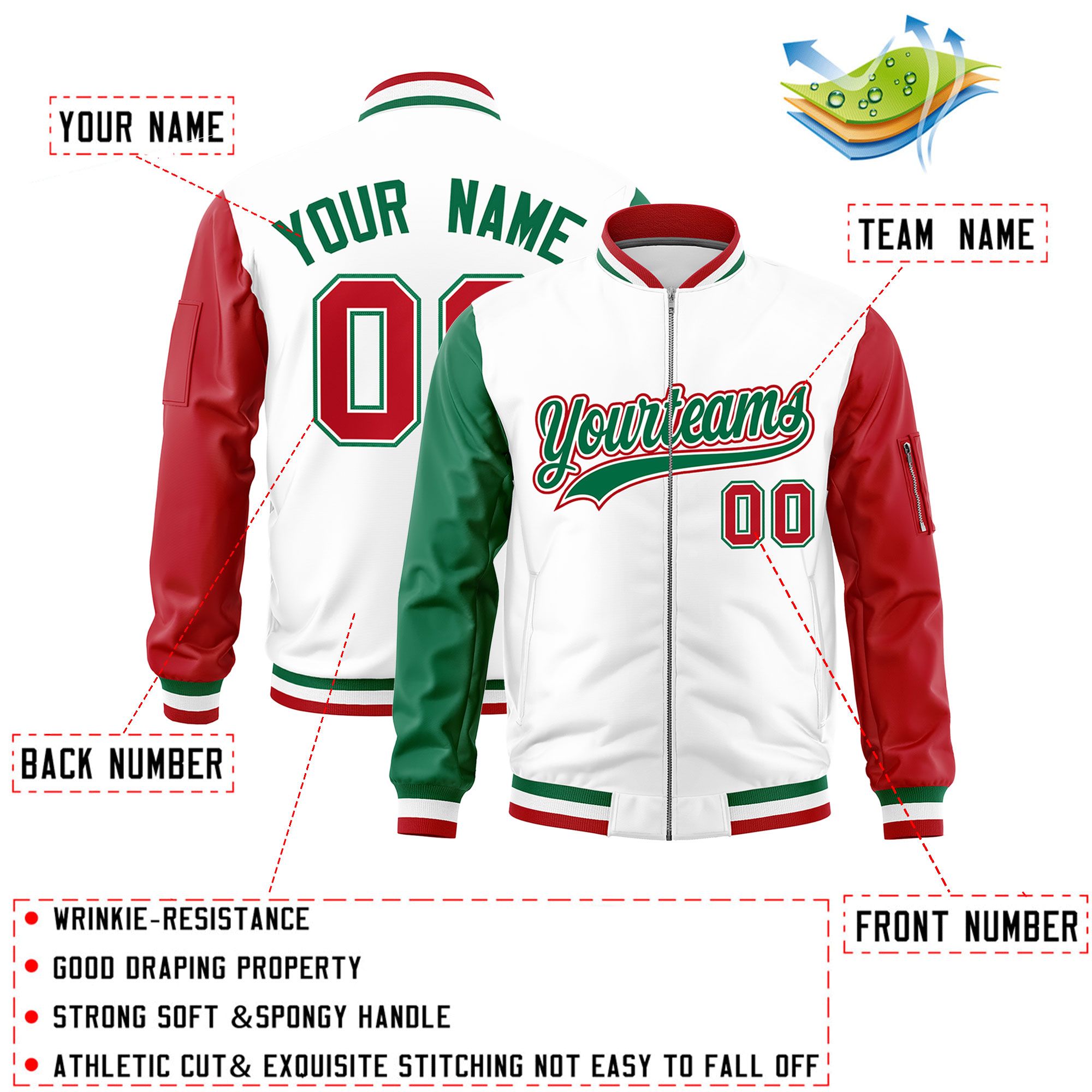 Custom White Kelly Green Red Varsity Full-Zip Raglan Sleeves Letterman Bomber Jacket