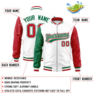 Custom White Kelly Green Red Varsity Full-Zip Raglan Sleeves Letterman Bomber Jacket