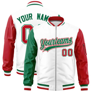 Custom White Kelly Green Red Varsity Full-Zip Raglan Sleeves Letterman Bomber Jacket