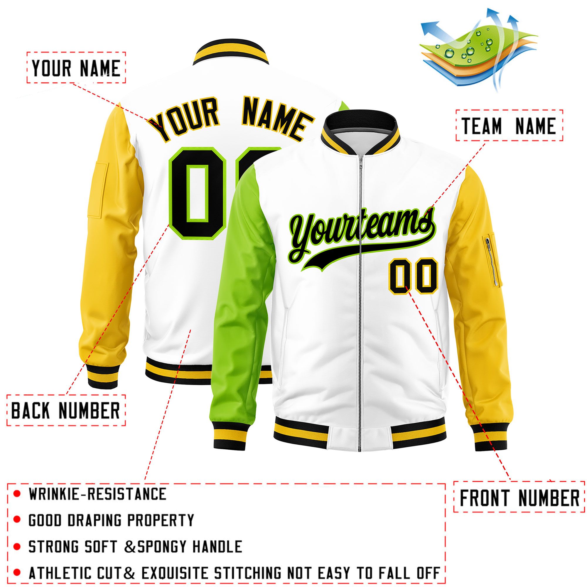 Custom White Neon Green Gold Varsity Full-Zip Raglan Sleeves Letterman Bomber Jacket