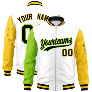 Custom White Neon Green Gold Varsity Full-Zip Raglan Sleeves Letterman Bomber Jacket