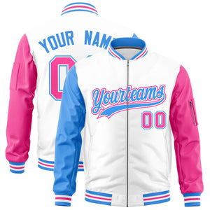 Custom White Powder Blue Pink Varsity Full-Zip Raglan Sleeves Letterman Bomber Jacket