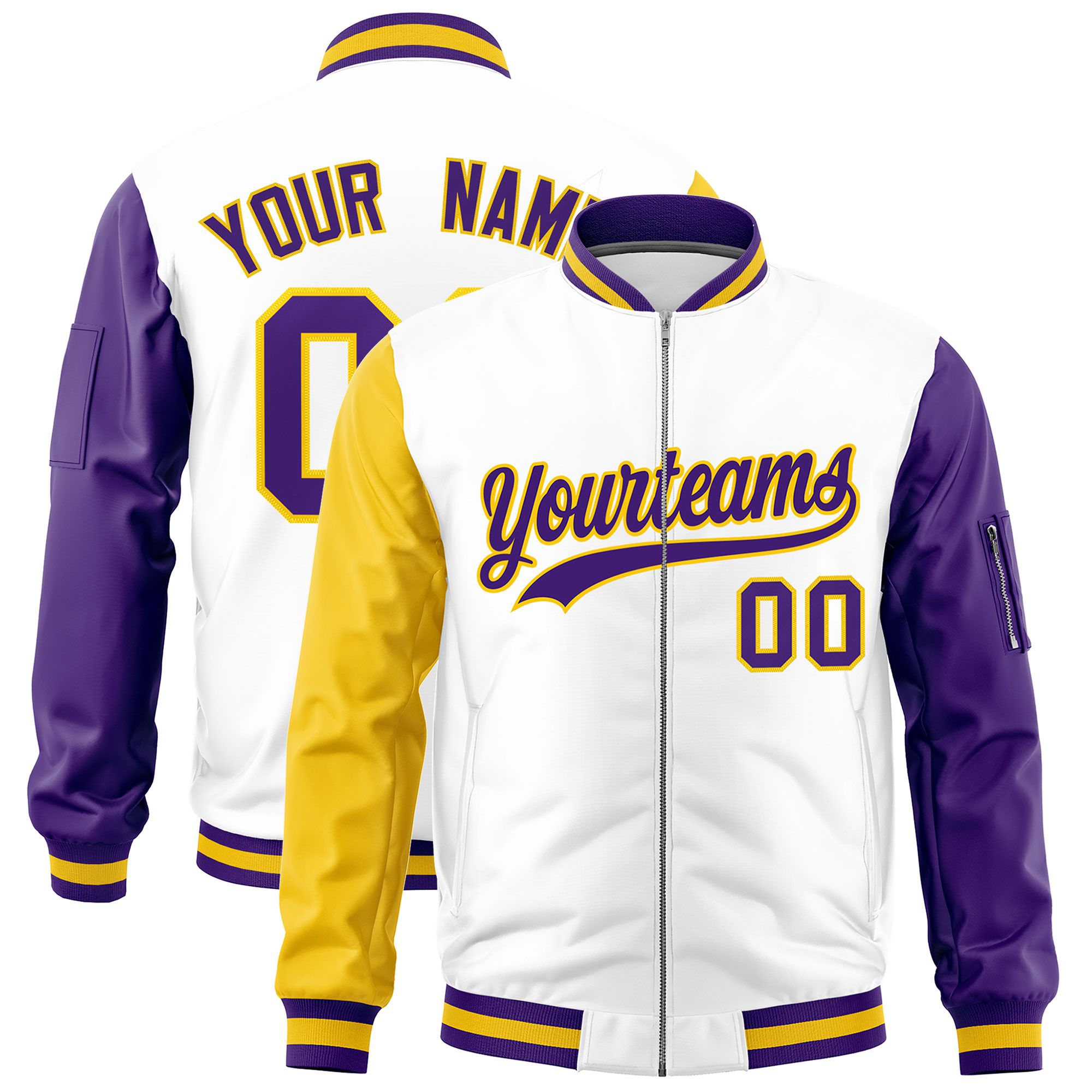 Custom White Gold Purple Varsity Full-Zip Raglan Sleeves Letterman Bomber Jacket