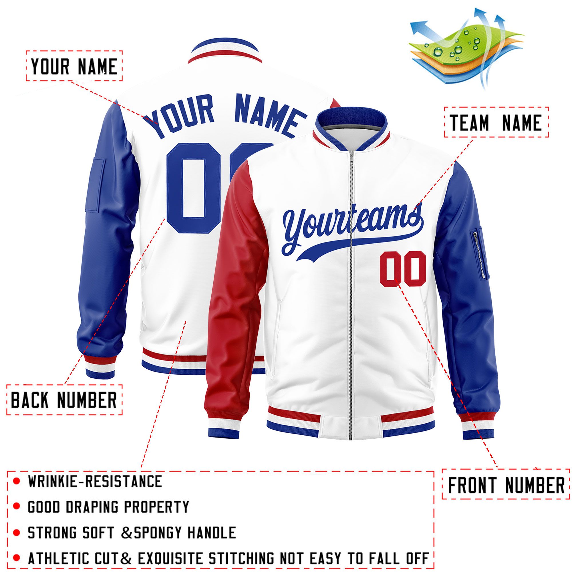 Custom White Red Royal Varsity Full-Zip Raglan Sleeves Letterman Bomber Jacket