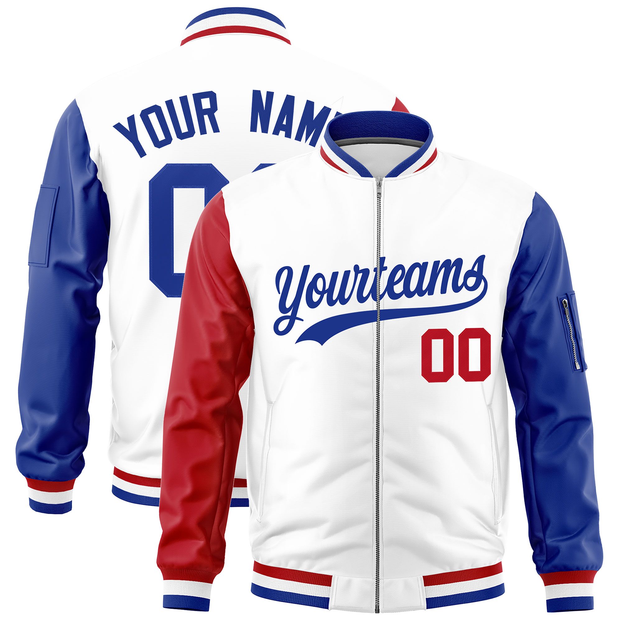 Custom White Red Royal Varsity Full-Zip Raglan Sleeves Letterman Bomber Jacket