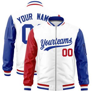 Custom White Red Royal Varsity Full-Zip Raglan Sleeves Letterman Bomber Jacket