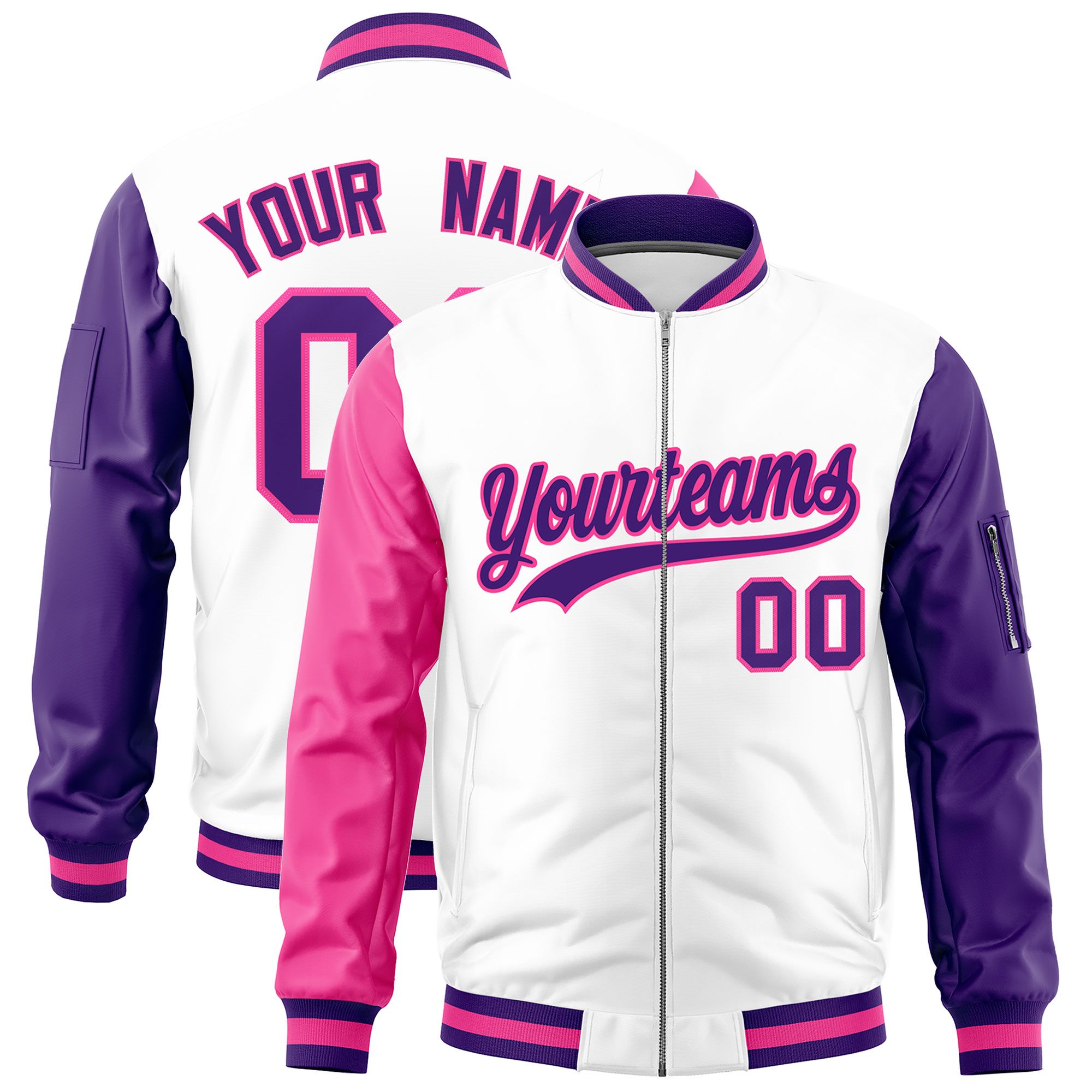 Custom White Pink Purple Varsity Full-Zip Raglan Sleeves Letterman Bomber Jacket