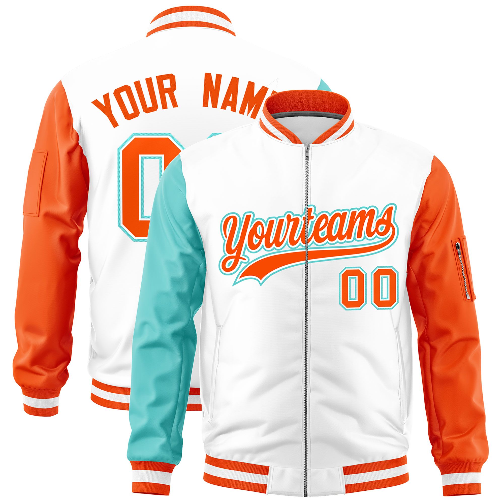 Custom White Bright Green Orange Varsity Full-Zip Raglan Sleeves Letterman Bomber Jacket