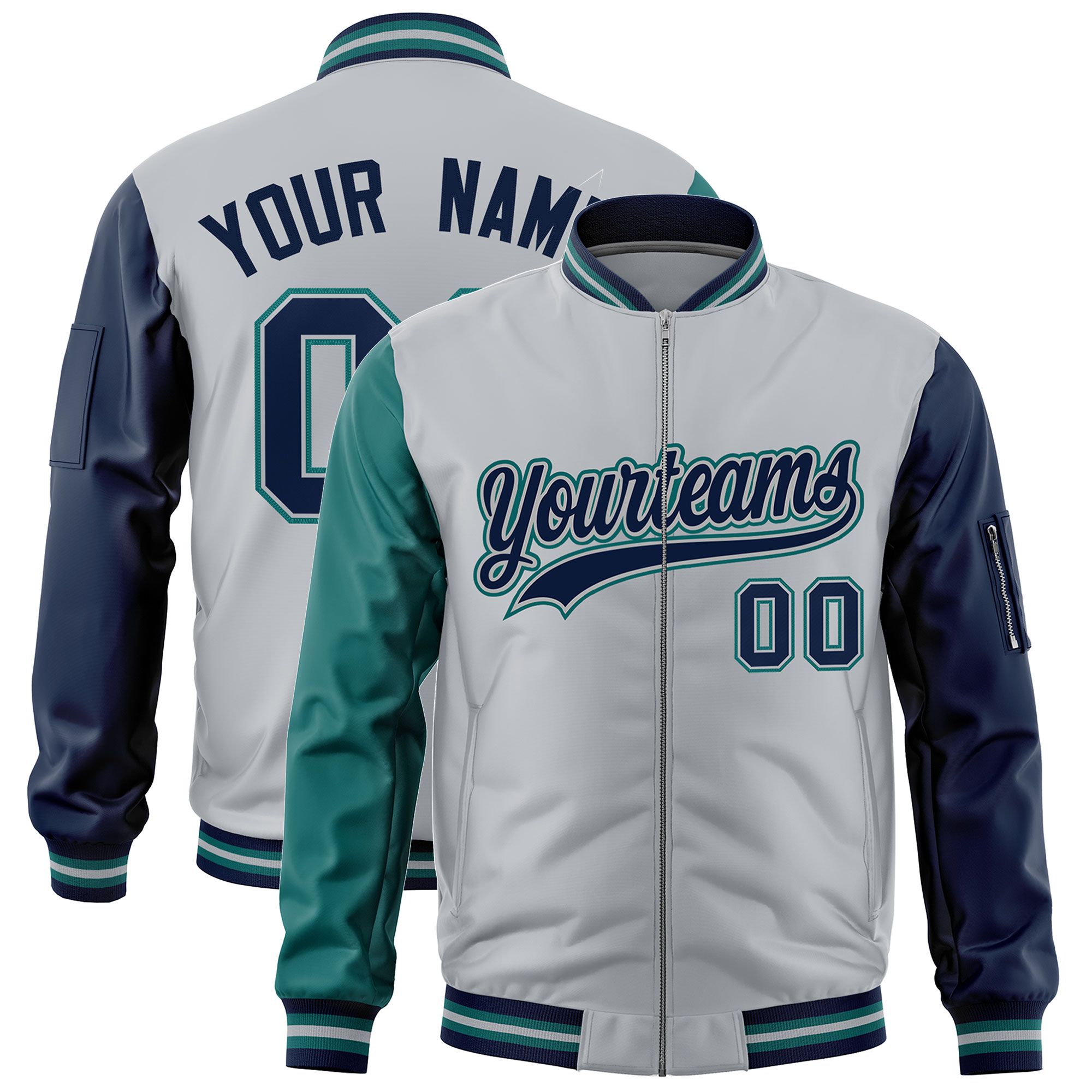 Custom Silver Aqua Navy Varsity Full-Zip Raglan Sleeves Letterman Bomber Jacket