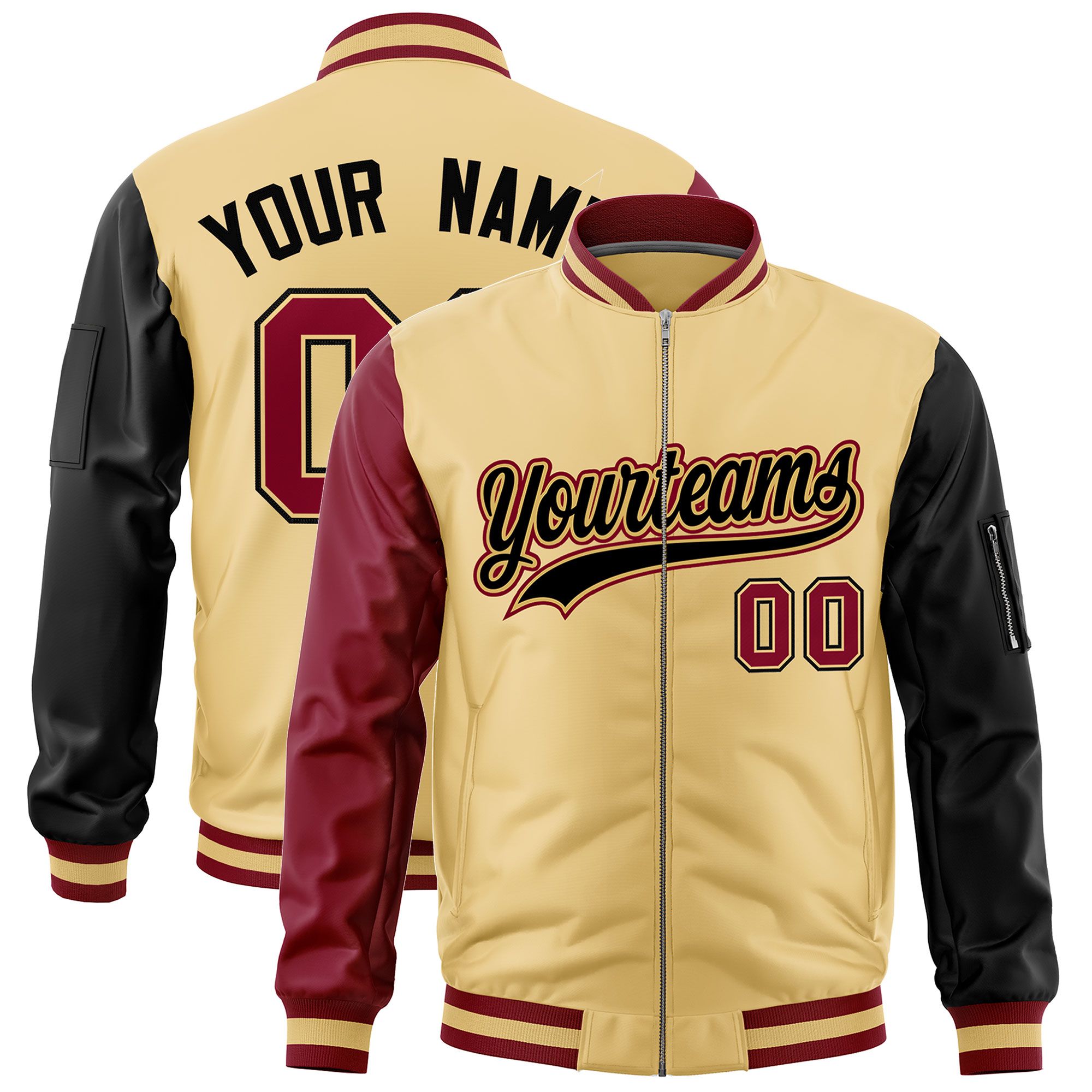 Custom Khaki Crimson Black Varsity Full-Zip Raglan Sleeves Letterman Bomber Jacket