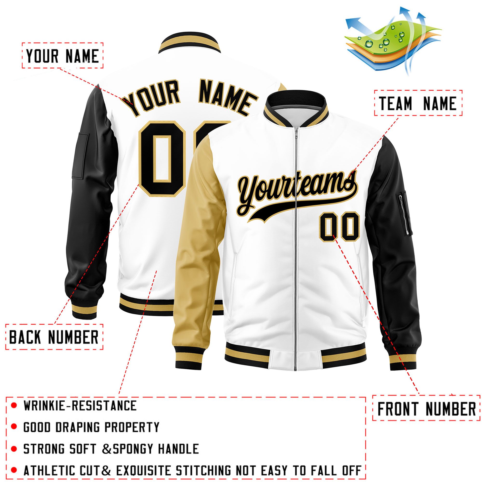 Custom White Old Gold Black Varsity Full-Zip Raglan Sleeves Letterman Bomber Jacket