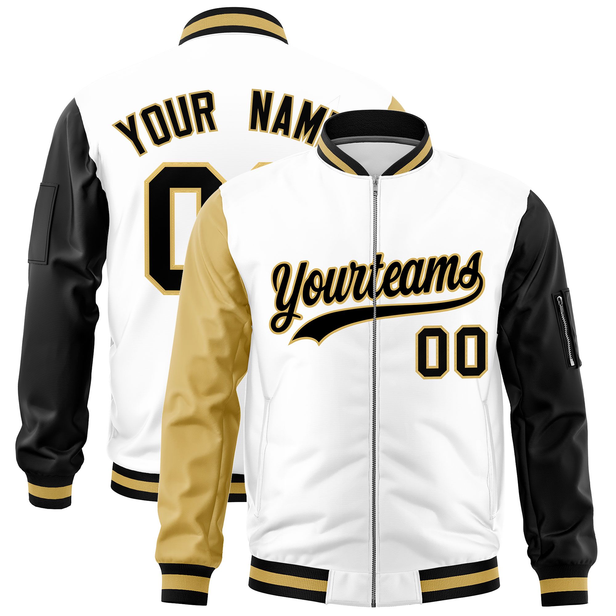 Custom White Old Gold Black Varsity Full-Zip Raglan Sleeves Letterman Bomber Jacket