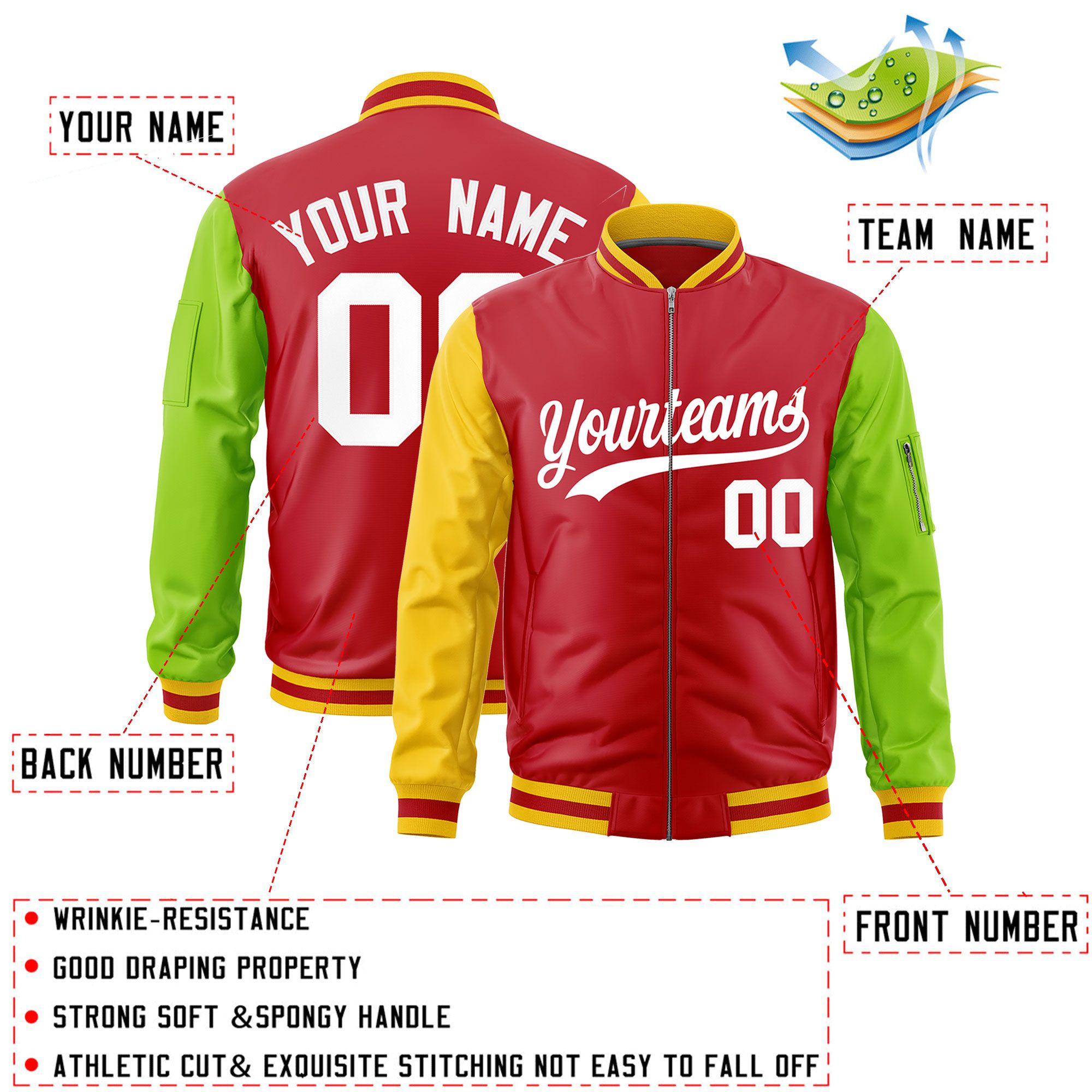 Custom Red Gold Neon Green Varsity Full-Zip Raglan Sleeves Letterman Bomber Jacket