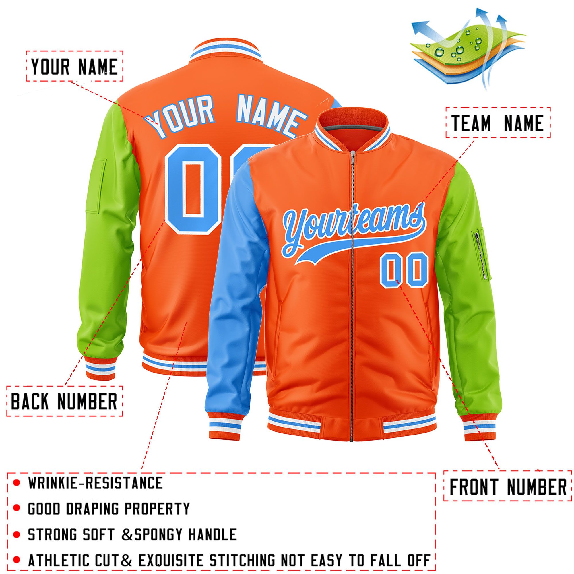 Custom Orange Powder Blue Neon Green Varsity Full-Zip Raglan Sleeves Letterman Bomber Jacket