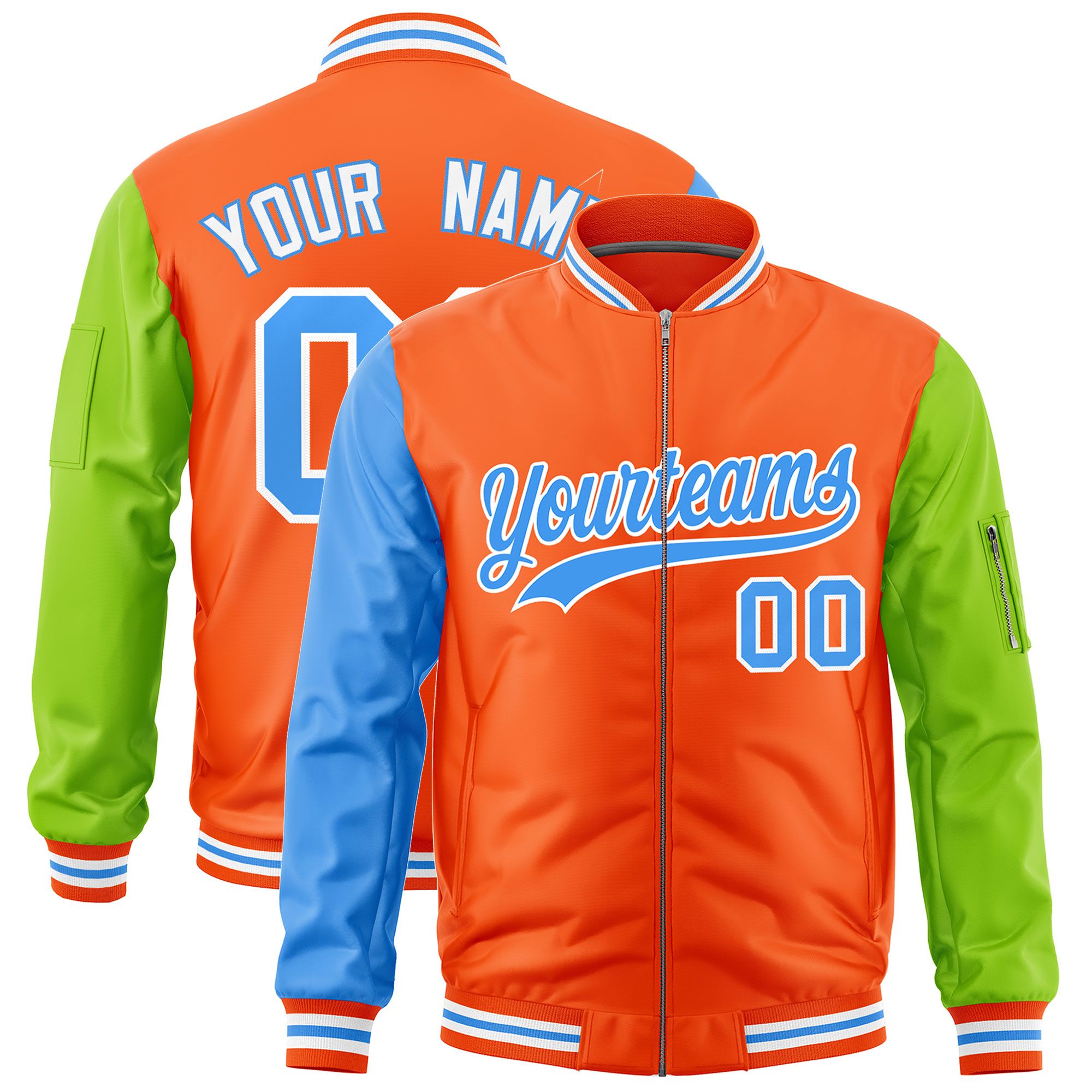 Custom Orange Powder Blue Neon Green Varsity Full-Zip Raglan Sleeves Letterman Bomber Jacket