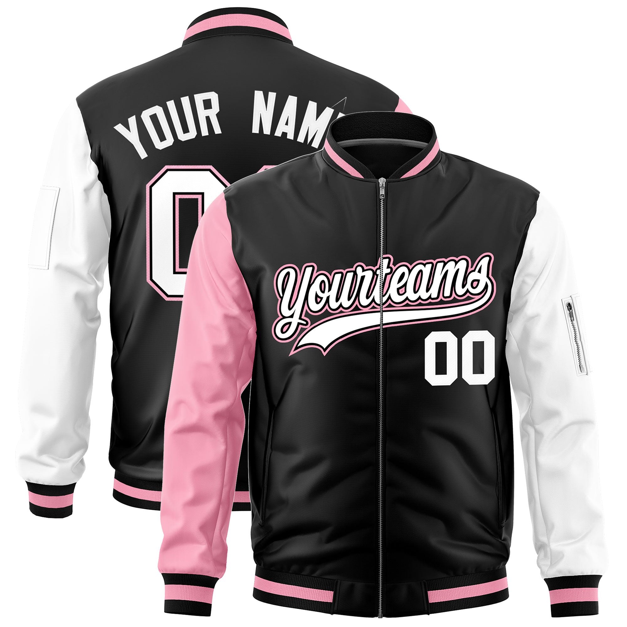 Custom Black Light Pink White Varsity Full-Zip Raglan Sleeves Letterman Bomber Jacket