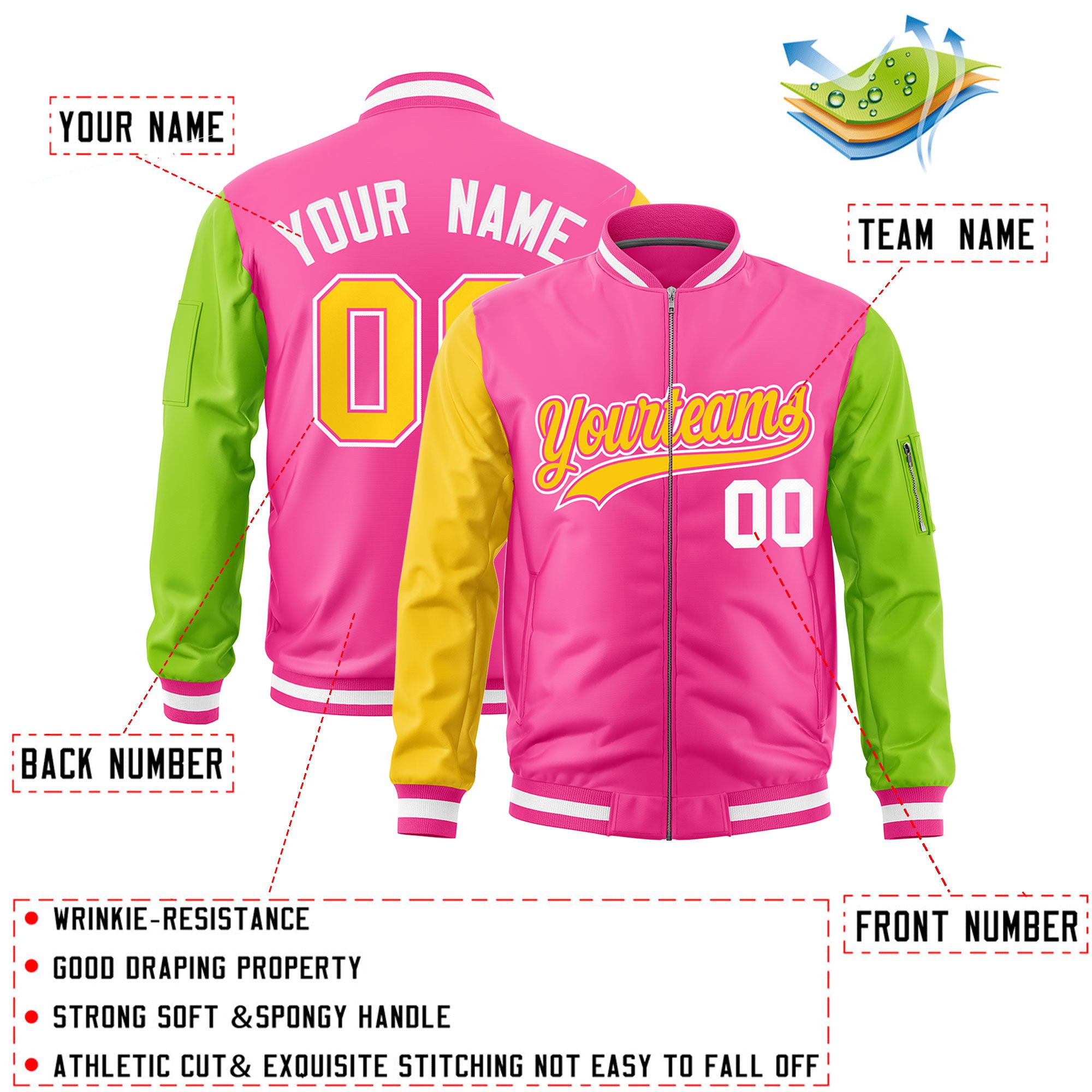 Custom Pink Gold Neon Green Varsity Full-Zip Raglan Sleeves Letterman Bomber Jacket