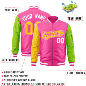 Custom Pink Gold Neon Green Varsity Full-Zip Raglan Sleeves Letterman Bomber Jacket