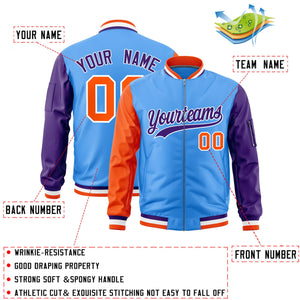 Custom Powder Blue Orange Purple Varsity Full-Zip Raglan Sleeves Letterman Bomber Jacket