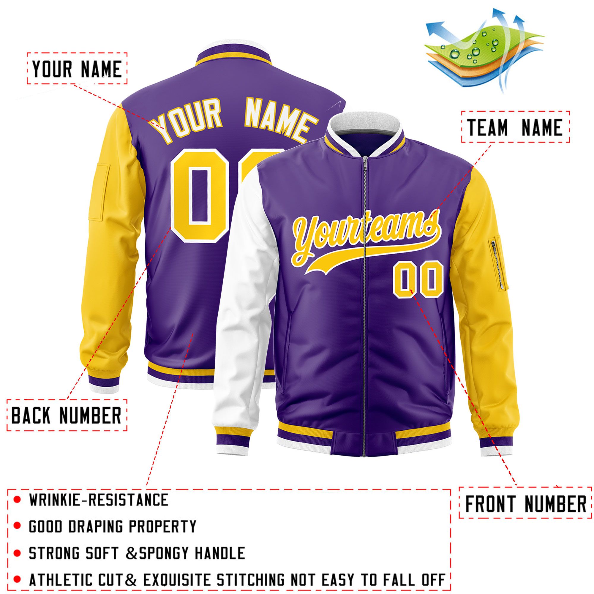 Custom Purple White Gold Varsity Full-Zip Raglan Sleeves Letterman Bomber Jacket