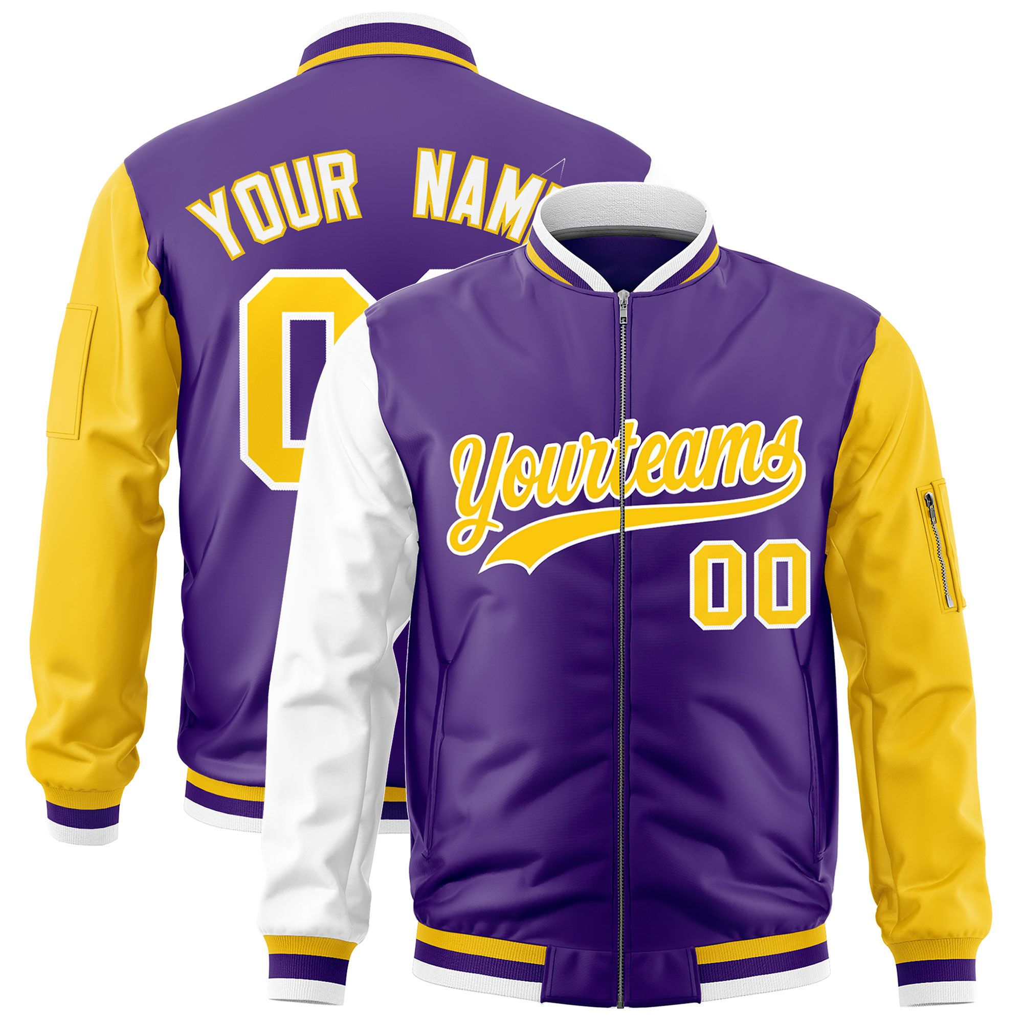 Custom Purple White Gold Varsity Full-Zip Raglan Sleeves Letterman Bomber Jacket