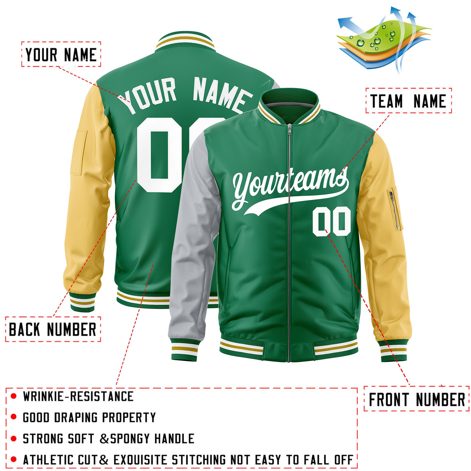 Custom Kelly Green Silver Old Gold Varsity Full-Zip Raglan Sleeves Letterman Bomber Jacket