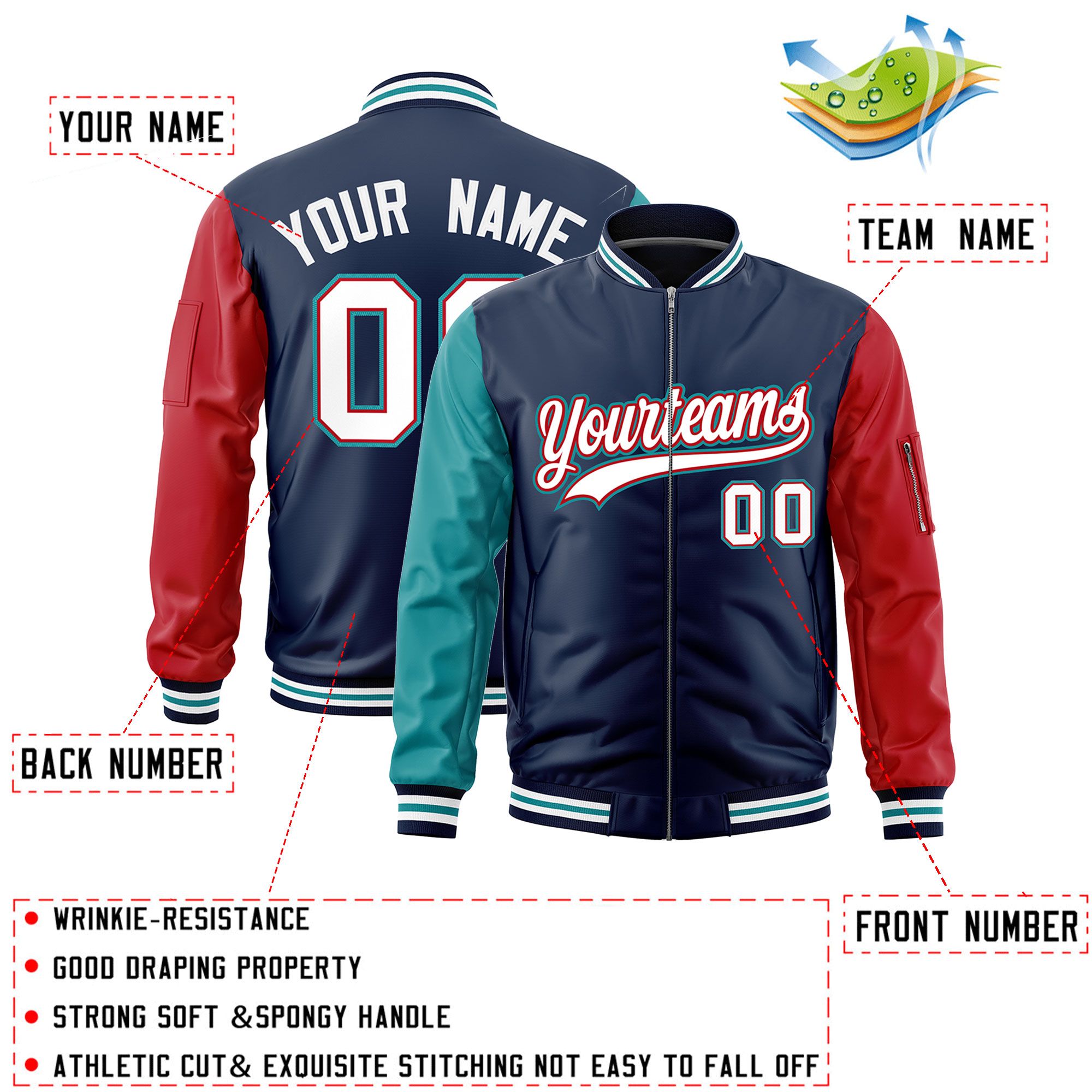 Custom Navy Aqua Red Varsity Full-Zip Raglan Sleeves Letterman Bomber Jacket