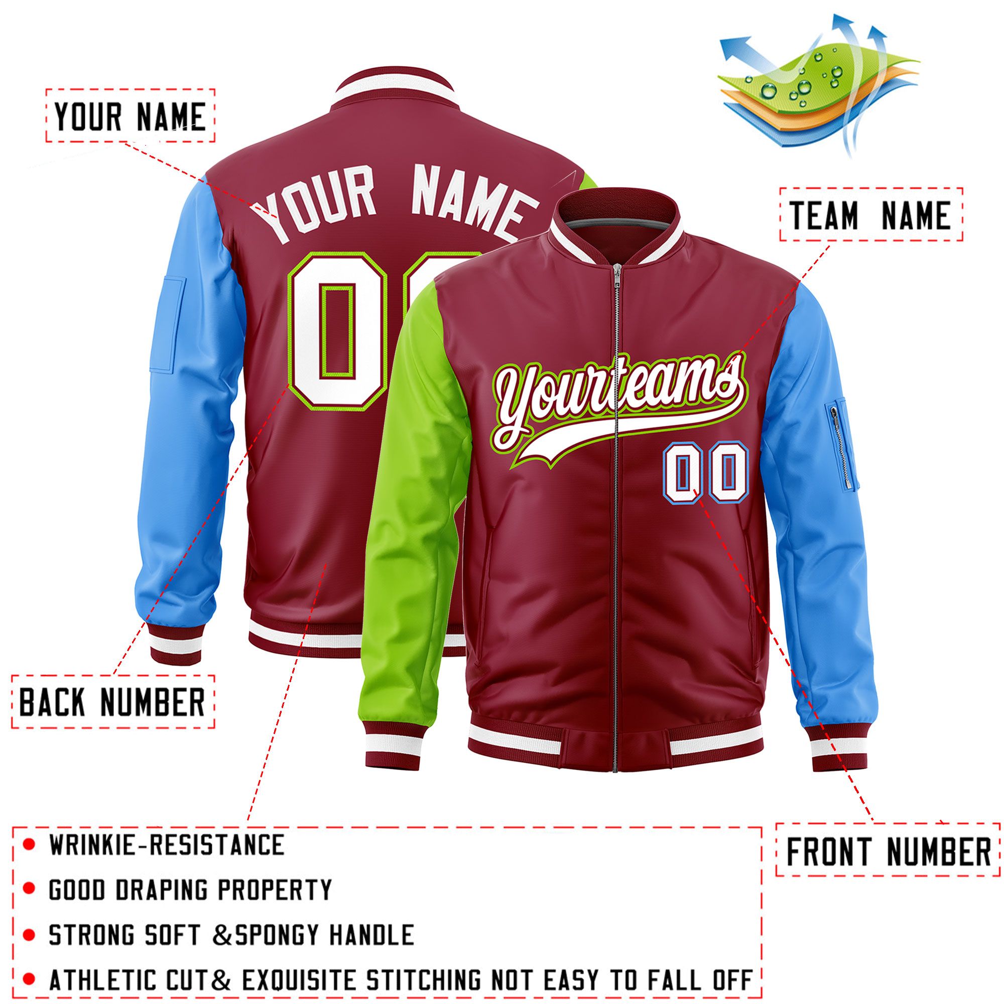 Custom Crimson Neon Green Powder Blue Varsity Full-Zip Raglan Sleeves Letterman Bomber Jacket