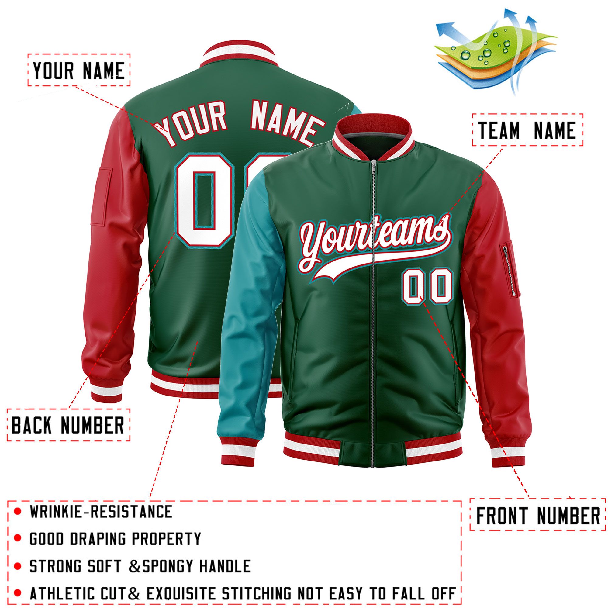 Custom Green Aqua Red Varsity Full-Zip Raglan Sleeves Letterman Bomber Jacket