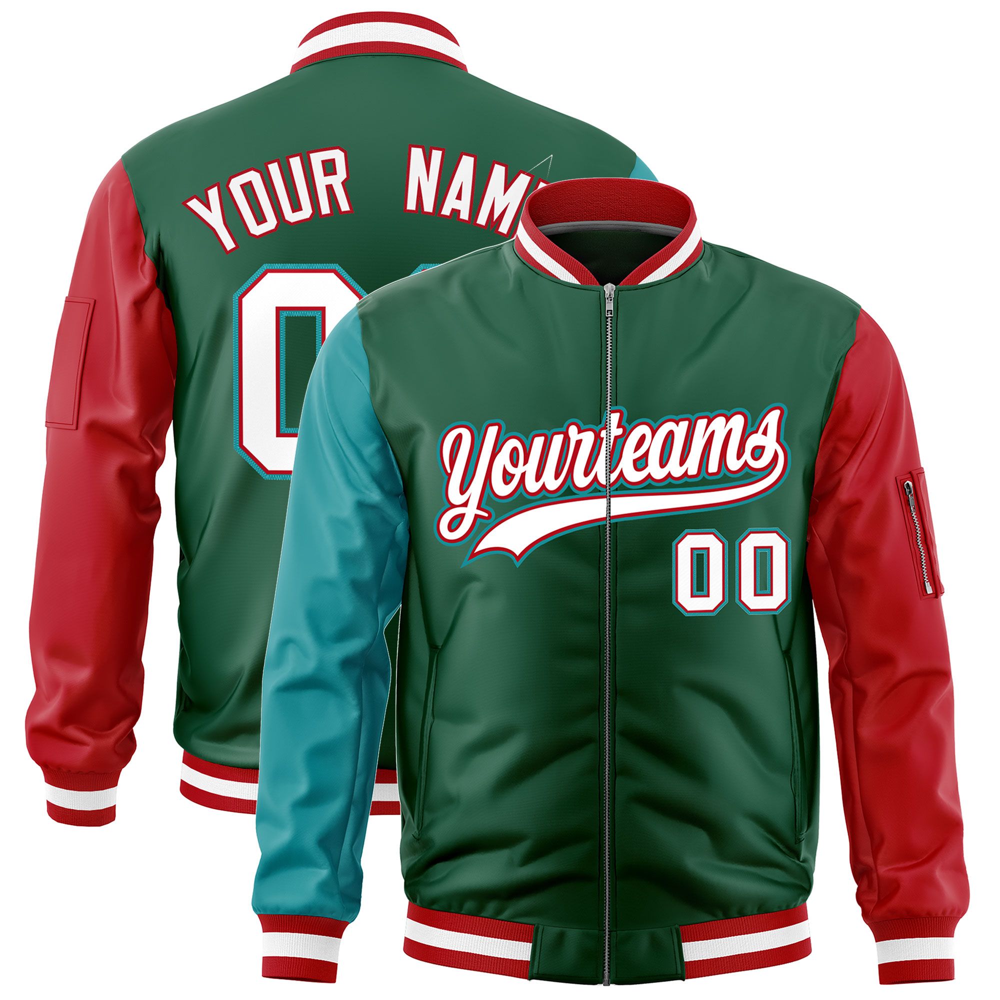 Custom Green Aqua Red Varsity Full-Zip Raglan Sleeves Letterman Bomber Jacket