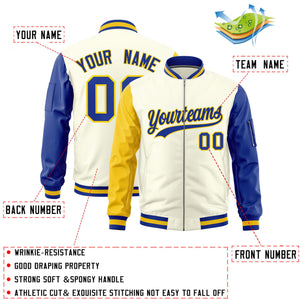 Custom Cream Gold Royal Varsity Full-Zip Raglan Sleeves Letterman Bomber Jacket