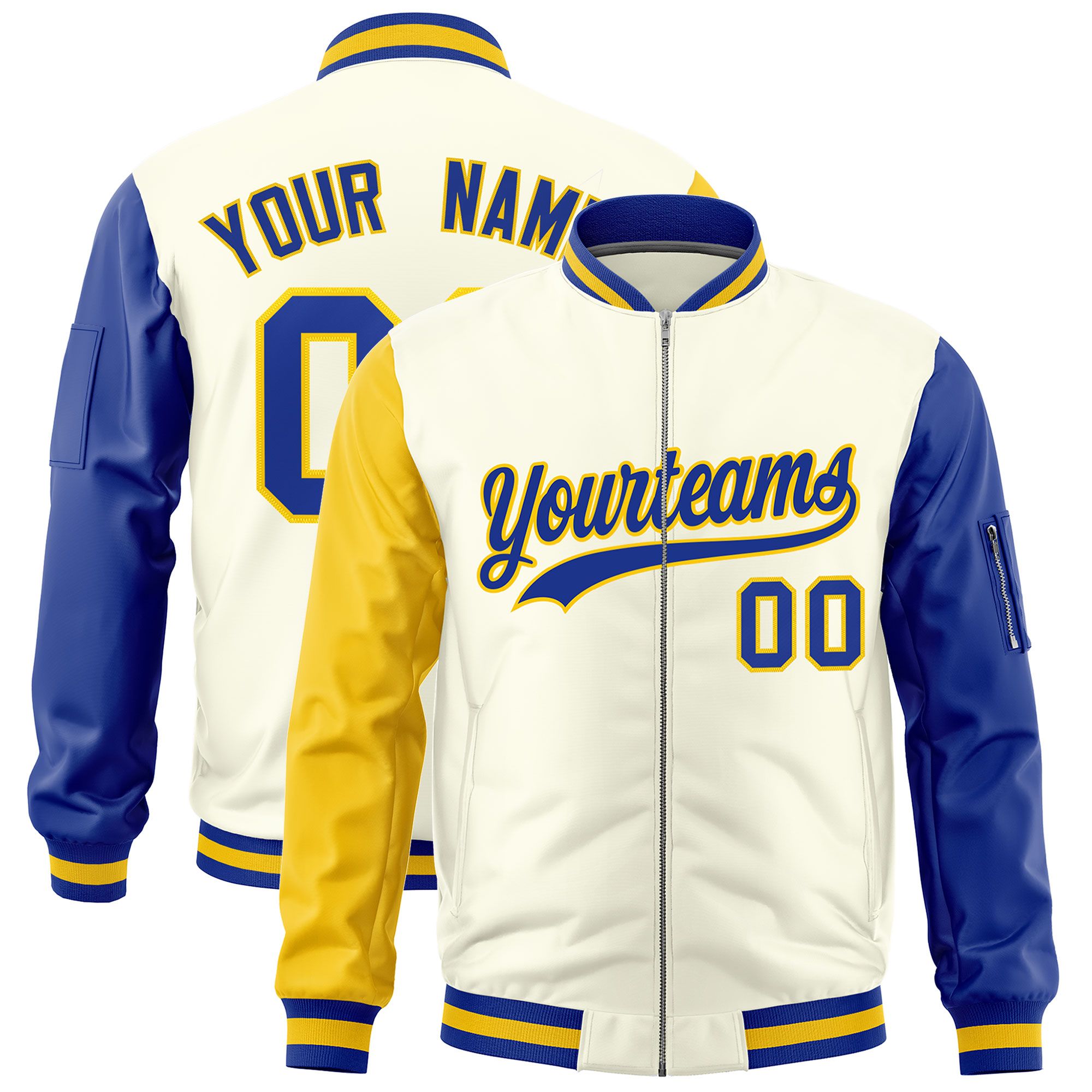 Custom Cream Gold Royal Varsity Full-Zip Raglan Sleeves Letterman Bomber Jacket