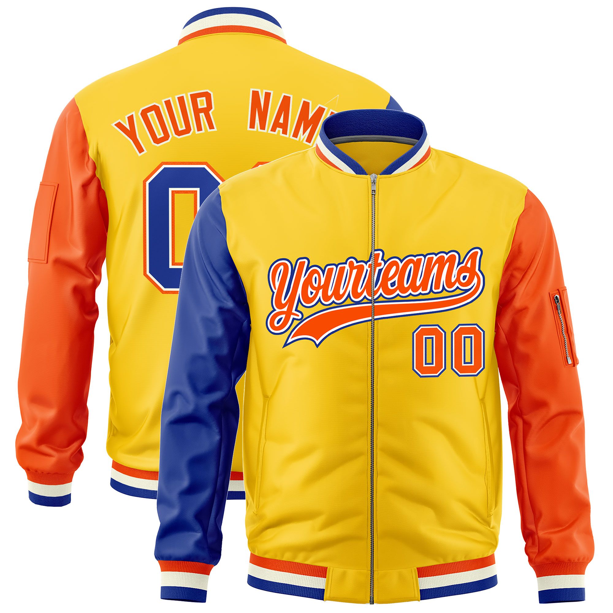 Custom Gold Royal Orange Varsity Full-Zip Raglan Sleeves Letterman Bomber Jacket