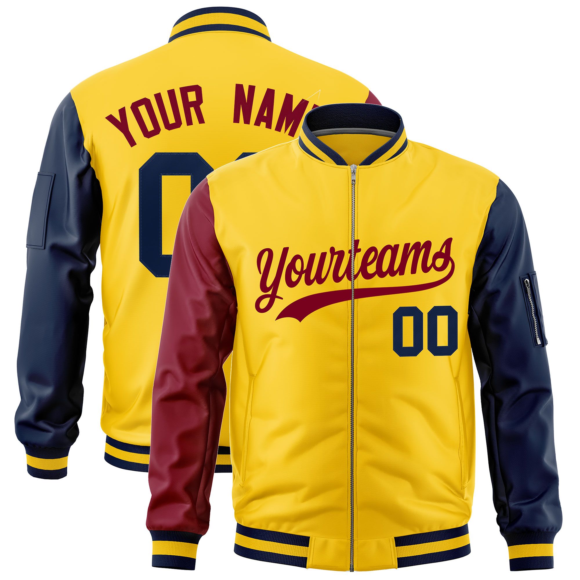 Custom Gold Crimson Navy Varsity Full-Zip Raglan Sleeves Letterman Bomber Jacket