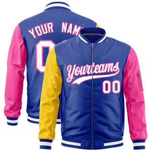 Custom Royal Gold Pink Varsity Full-Zip Raglan Sleeves Letterman Bomber Jacket