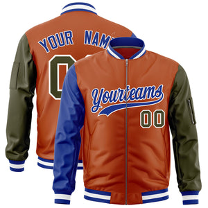 Custom Texas Orange Royal Olive Varsity Full-Zip Raglan Sleeves Letterman Bomber Jacket