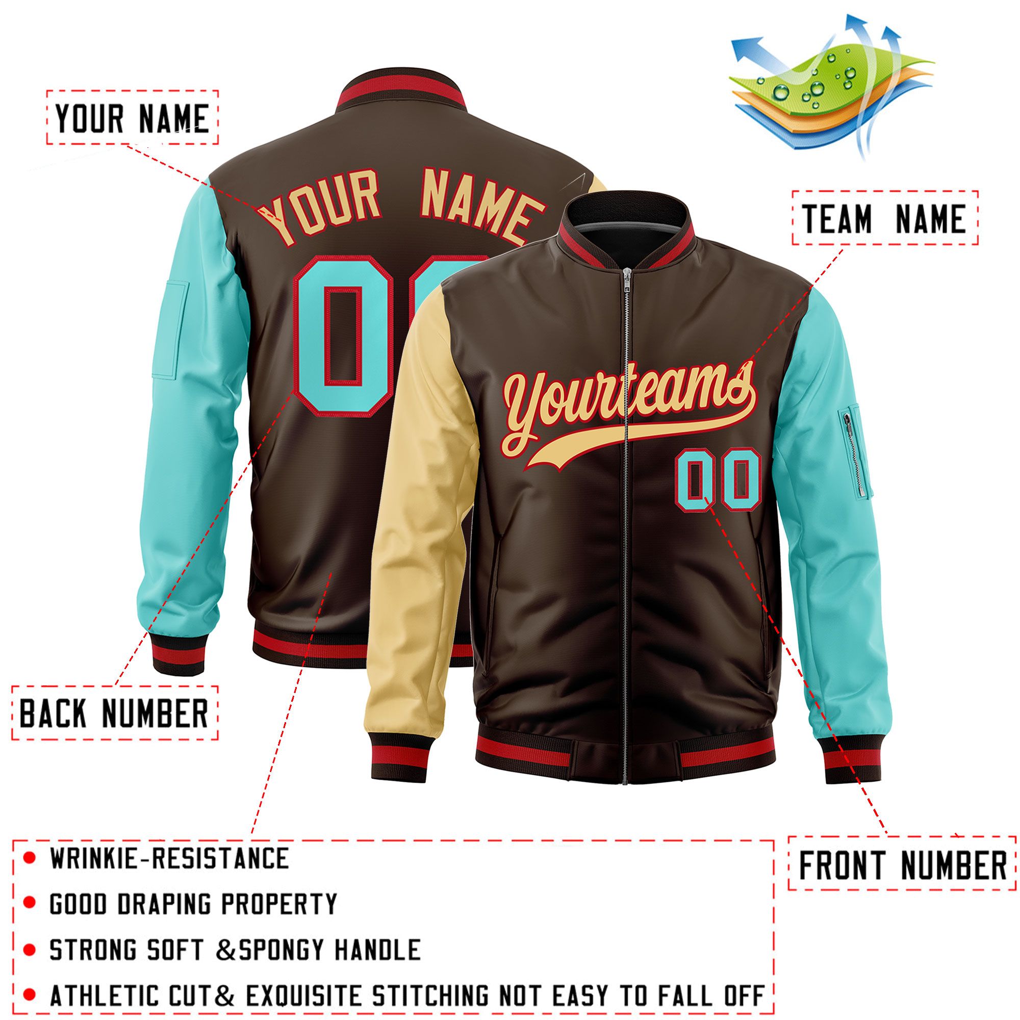 Custom Brown Old Gold Bright Green Varsity Full-Zip Raglan Sleeves Letterman Bomber Jacket