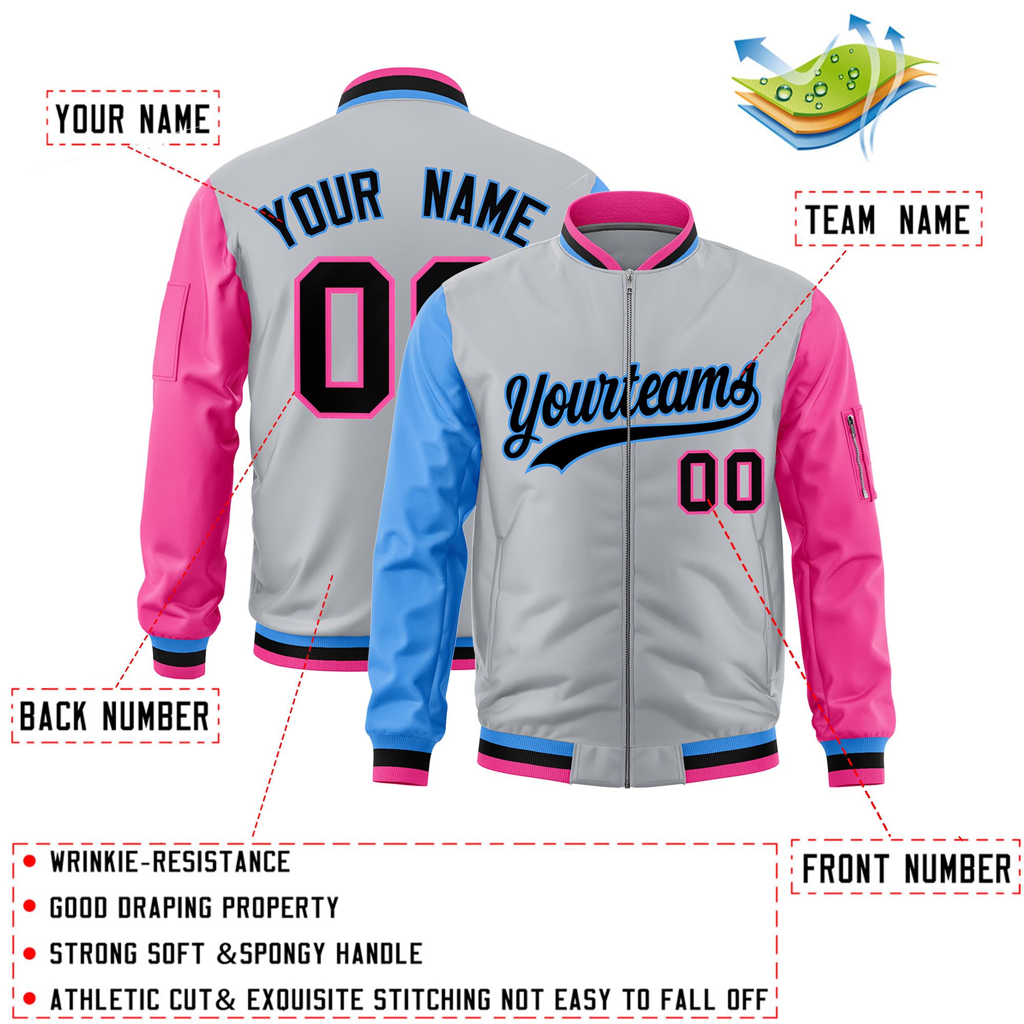 Custom Silver Powder Blue Pink Varsity Full-Zip Raglan Sleeves Letterman Bomber Jacket