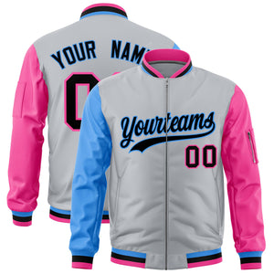 Custom Silver Powder Blue Pink Varsity Full-Zip Raglan Sleeves Letterman Bomber Jacket