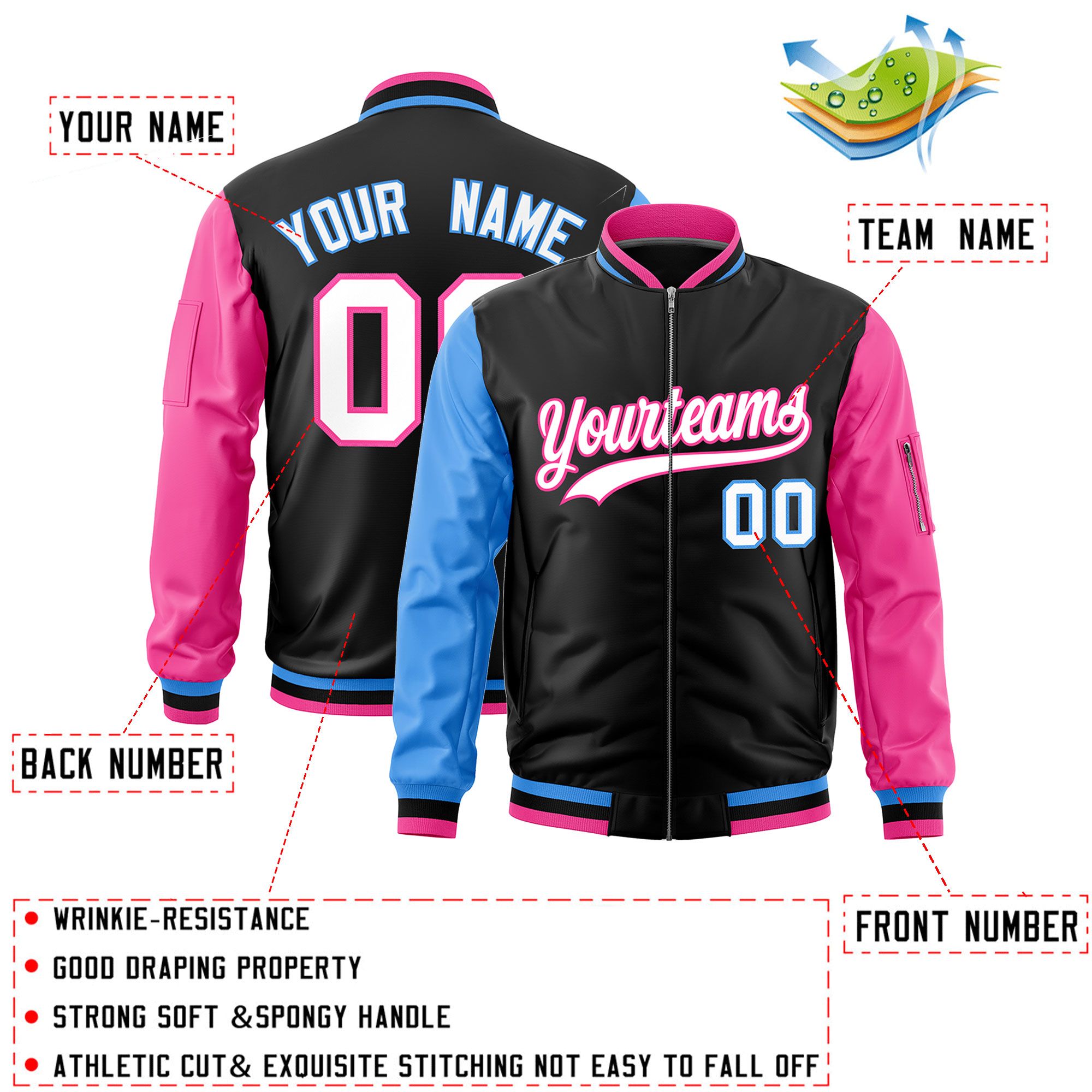 Custom Black Powder Blue Pink Varsity Full-Zip Raglan Sleeves Letterman Bomber Jacket