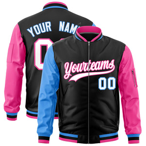 Custom Black Powder Blue Pink Varsity Full-Zip Raglan Sleeves Letterman Bomber Jacket