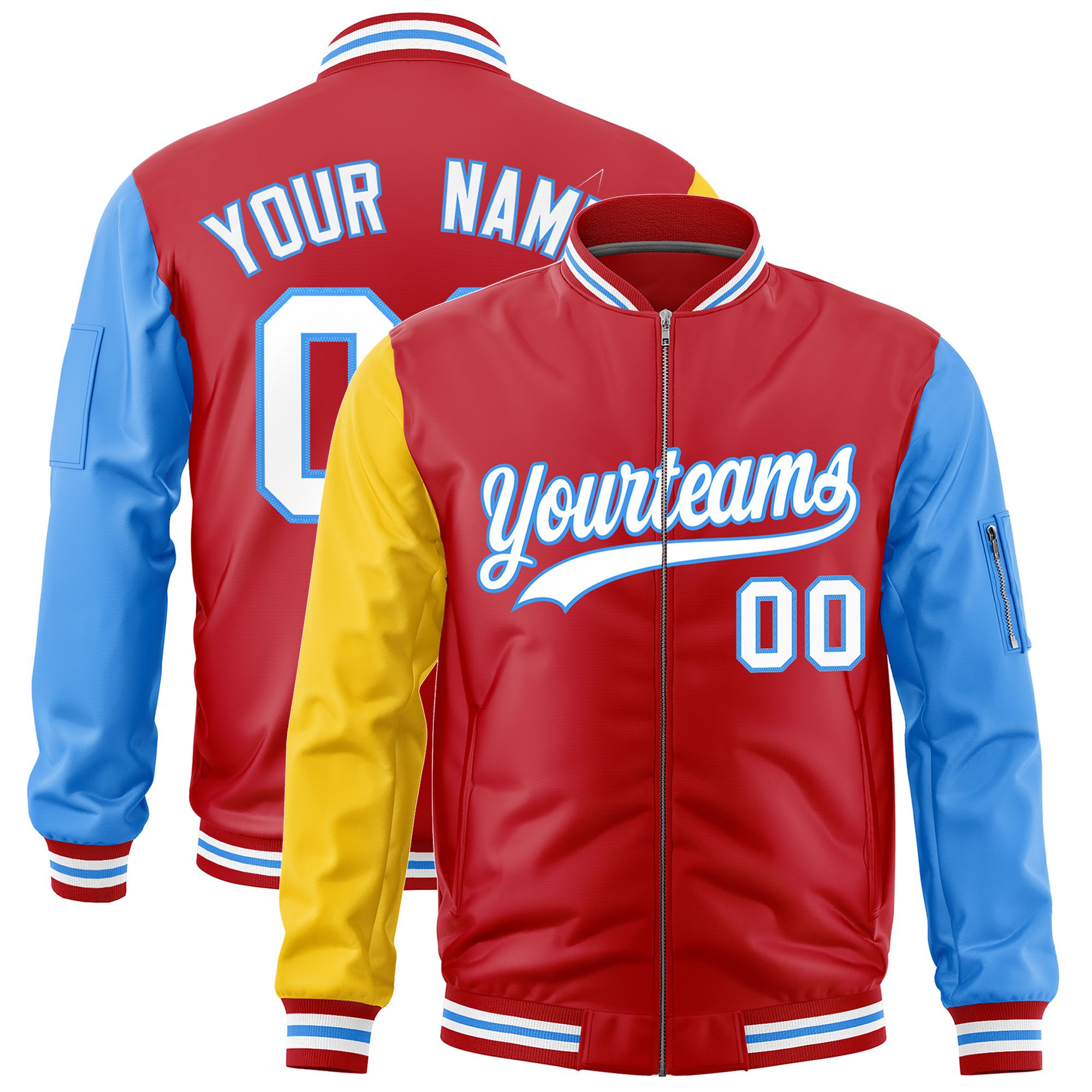 Custom Red Gold Powder Blue Varsity Full-Zip Raglan Sleeves Letterman Bomber Jacket