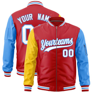 Custom Red Gold Powder Blue Varsity Full-Zip Raglan Sleeves Letterman Bomber Jacket