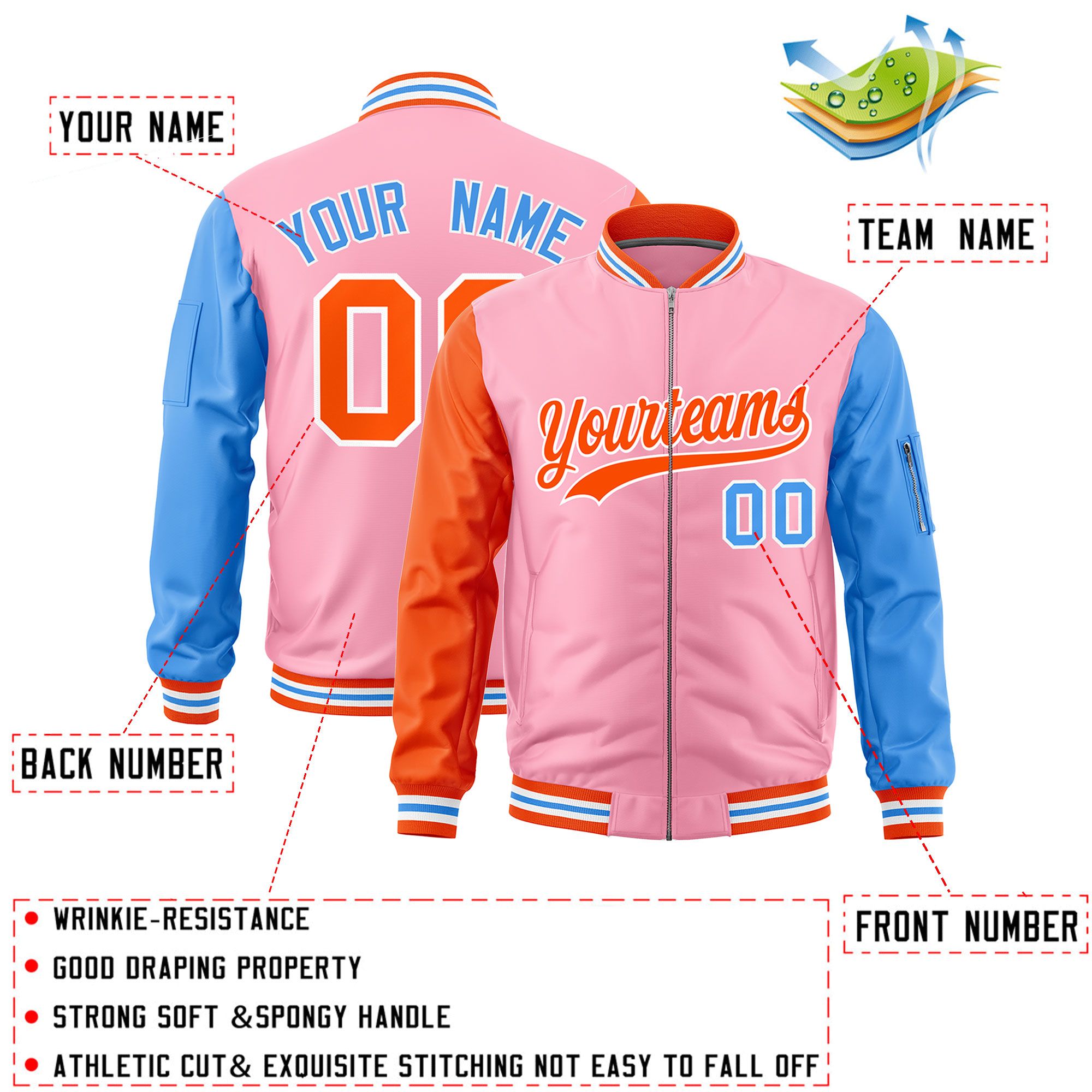 Custom Bright Green Orange Powder Blue Varsity Full-Zip Raglan Sleeves Letterman Bomber Jacket