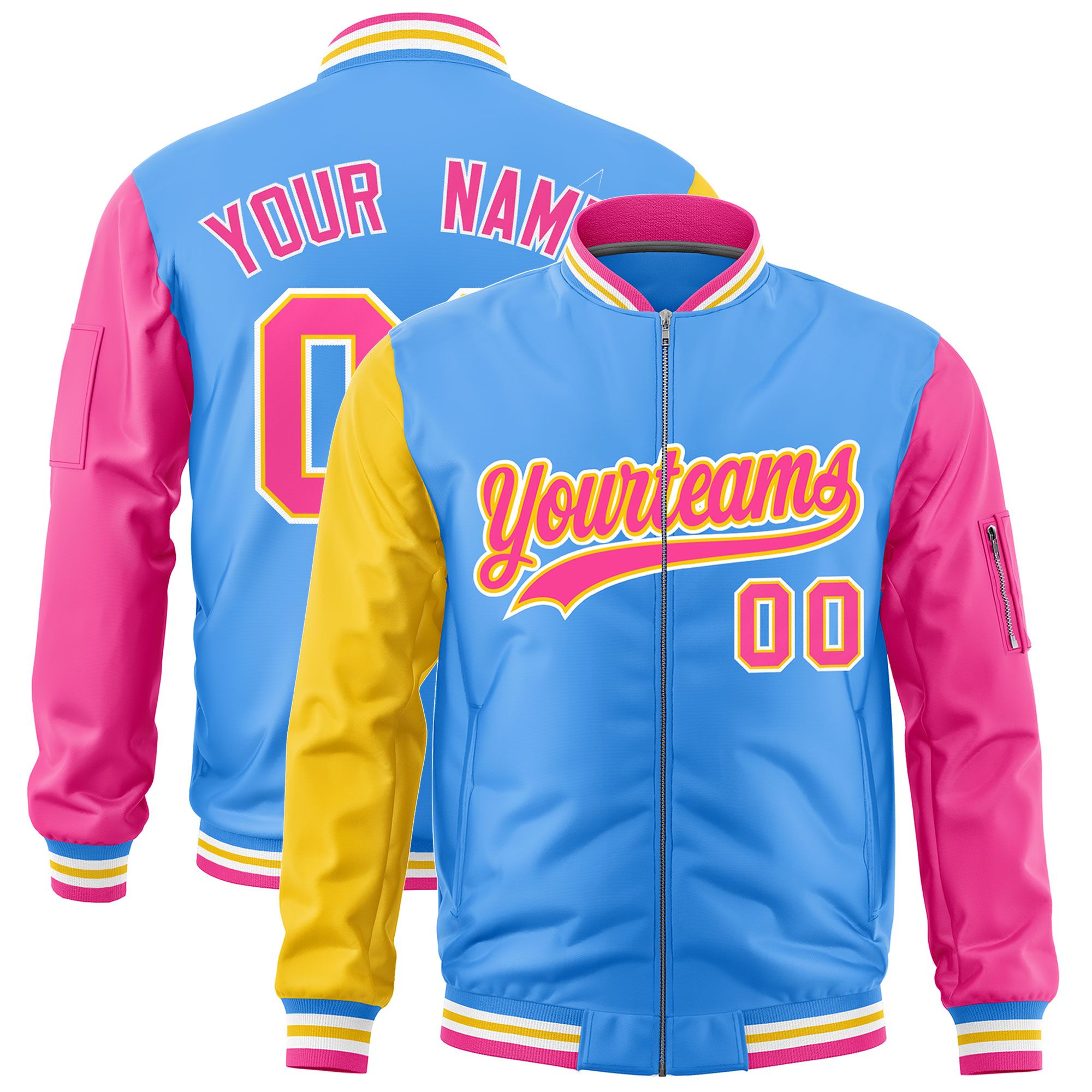 Custom Powder Blue Gold Pink Varsity Full-Zip Raglan Sleeves Letterman Bomber Jacket