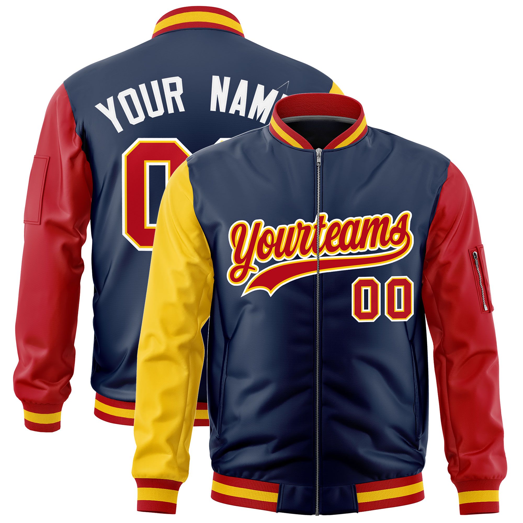 Custom Navy Gold Red Varsity Full-Zip Raglan Sleeves Letterman Bomber Jacket