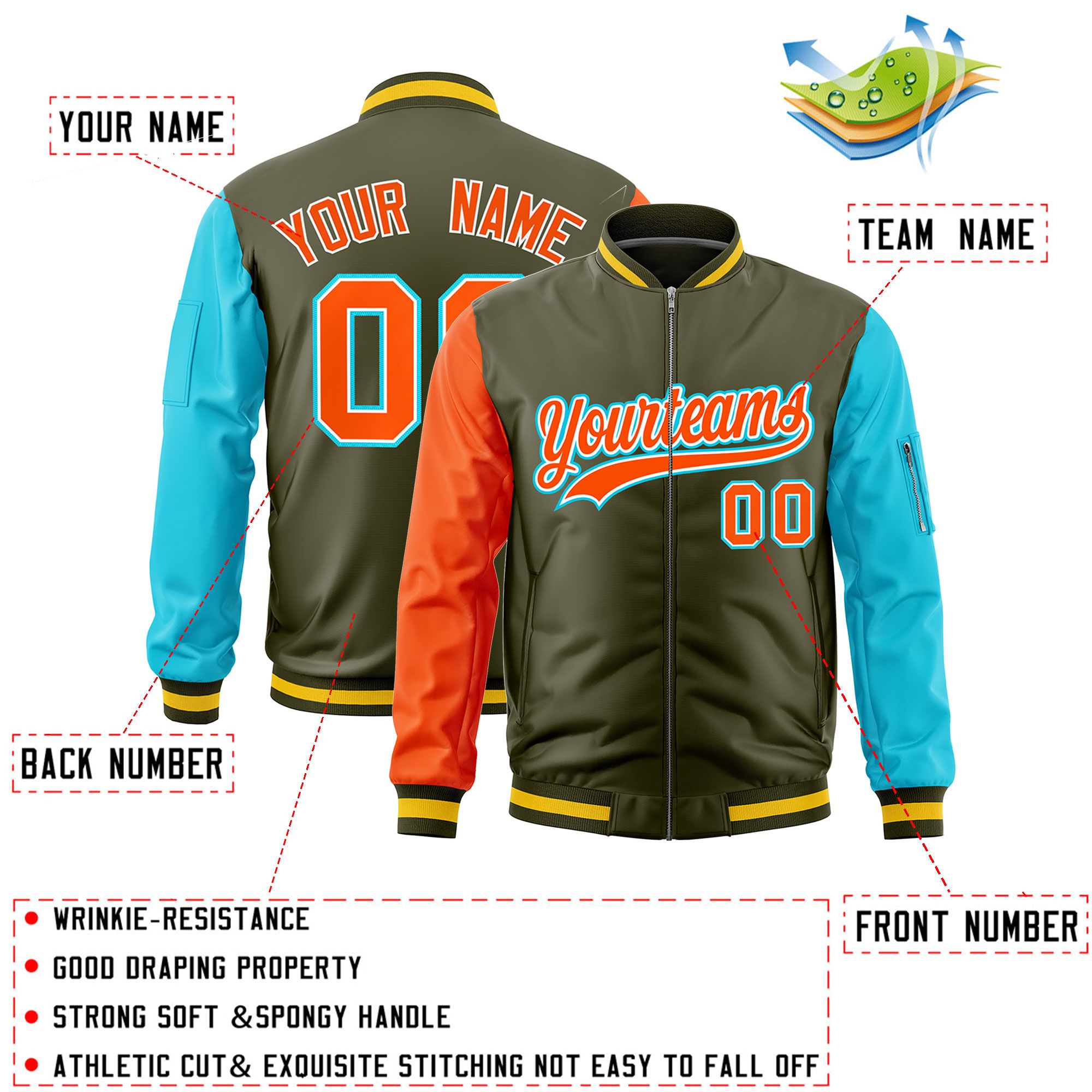 Custom Olive Orange Sky Blue Varsity Full-Zip Raglan Sleeves Letterman Bomber Jacket