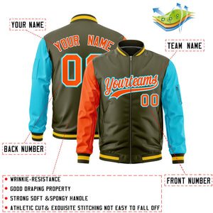 Custom Olive Orange Sky Blue Varsity Full-Zip Raglan Sleeves Letterman Bomber Jacket